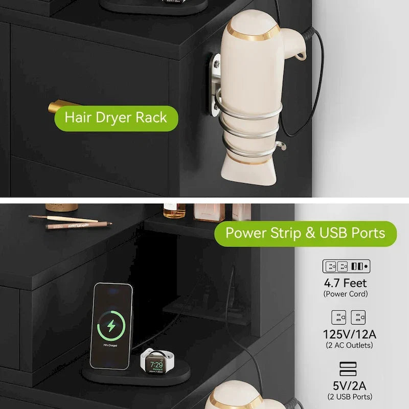 Vanity with Built-In Outlets and Lighted Mirror, 55.1H x 43.3L x 15.74W