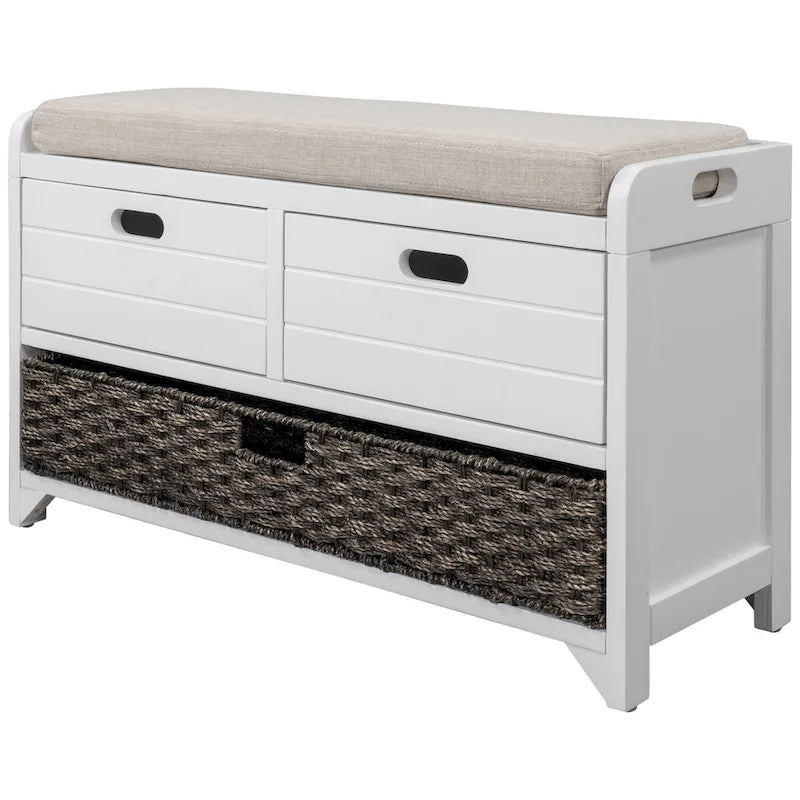Wood Storage Bench with 2 Woven Baskets
