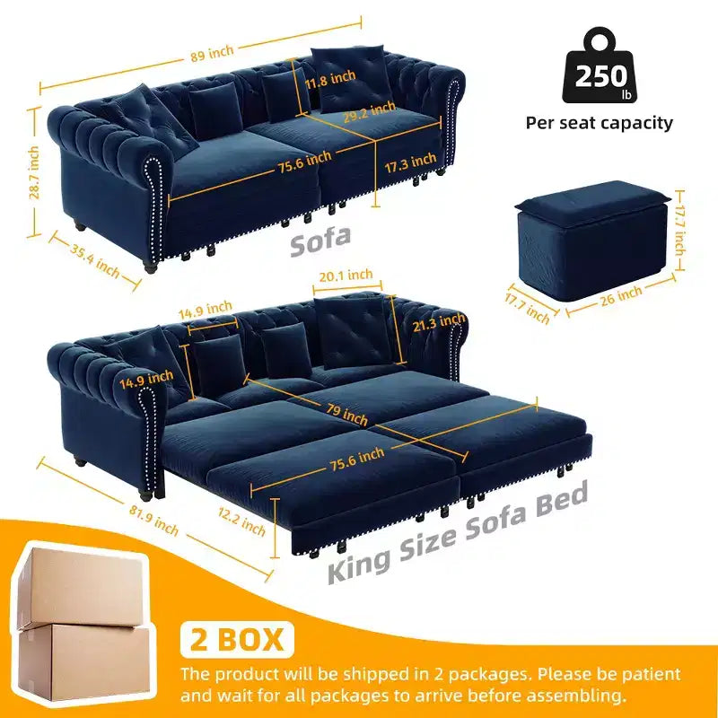 Whisen Velvet 3-in-1 King Size Pull-Out Sofa Bed & Convertible Sleeper Sofa with Movable Ottoman, Tufted Design
