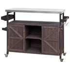 Okak Outdoor Kitchen Island with Stainless Steel Top, Wooden Kitchen Cart with Doors, Shelves and Spice Rack, Rolling Kitchen Island