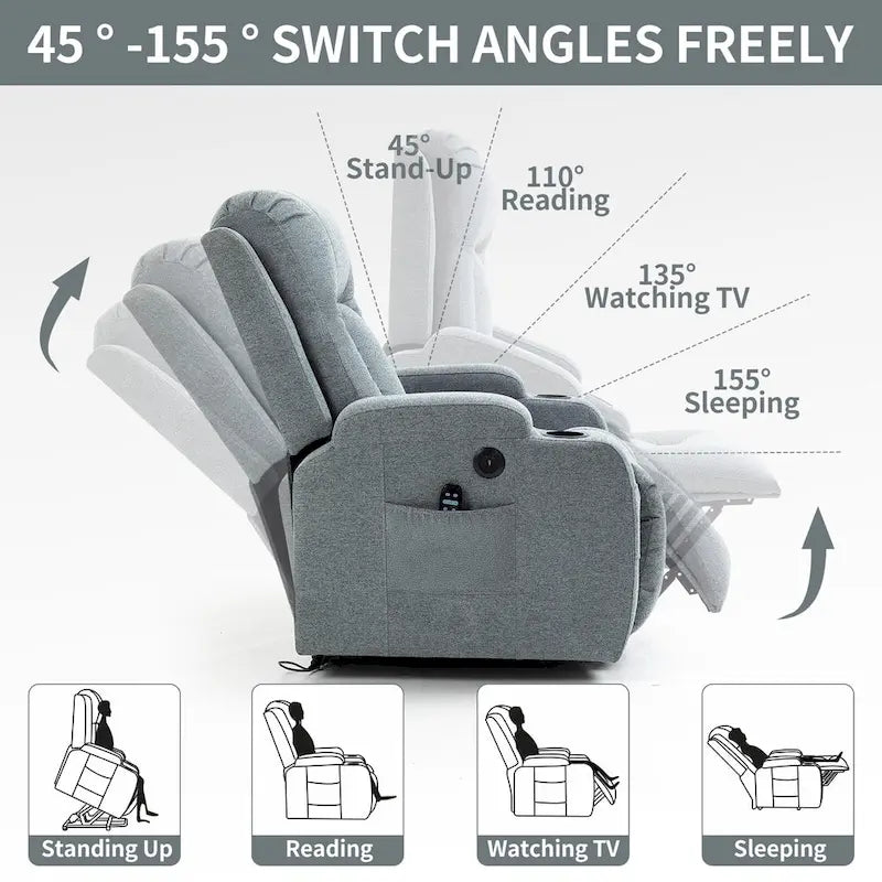 Power Lift Recliner Chair, Modern Single Motor Massage Sofa Chair with Lumbar Heating, USB Charging Port, Cup Holders
