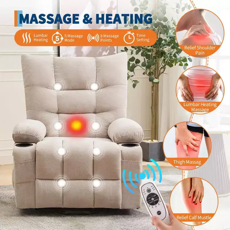 Power Lift Recliner Chair for Elderly with Massage and Heat, Oversized Massage & Heat Recliner with Soft Padded Upholstery, Side Pocket & Cup Holders