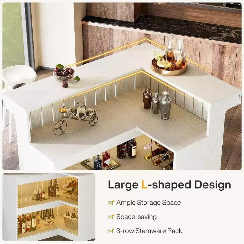 Lantine L-Shaped Home Bar Unit, 4-Tier Corner Liquor Bar Table with Storage Shelves and Wine Glasses Holder for Home Pub