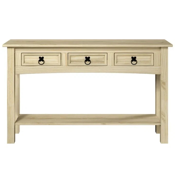 Rustic Solid Pine Console Hall Table, White Wash / Antique Brown / Gray Wash / Unpainted, 3 Drawers