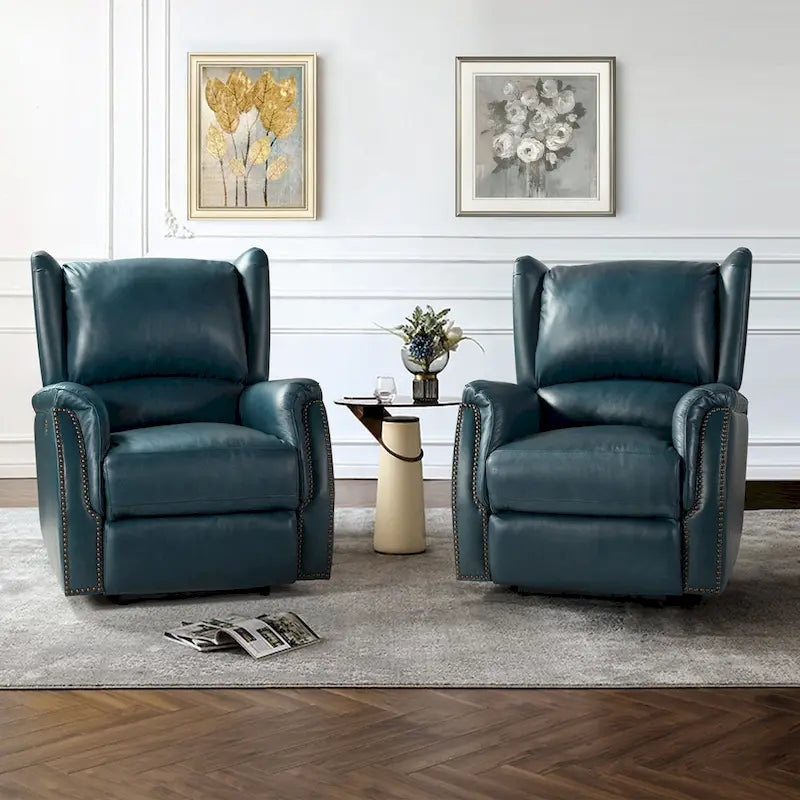 Genuine Leather Power Recliner with USB Port – Wingback Nailhead Set of 2