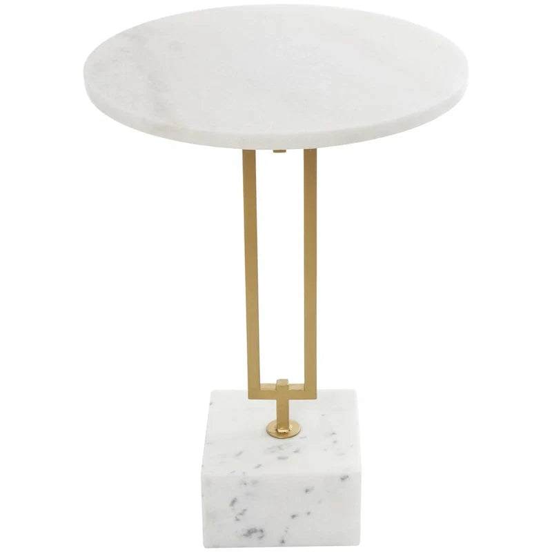 Marble Geometric Side End Accent Table with Gold Metal Rectangular Stand - White