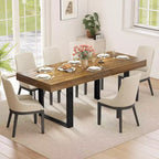 Zevemomo 63-78.7 Expandable Dining Table, 6-10 Rectangular Kitchen Table with Metal Track, Tapered U-Shaped Legs for Dining Room, Office-Brown