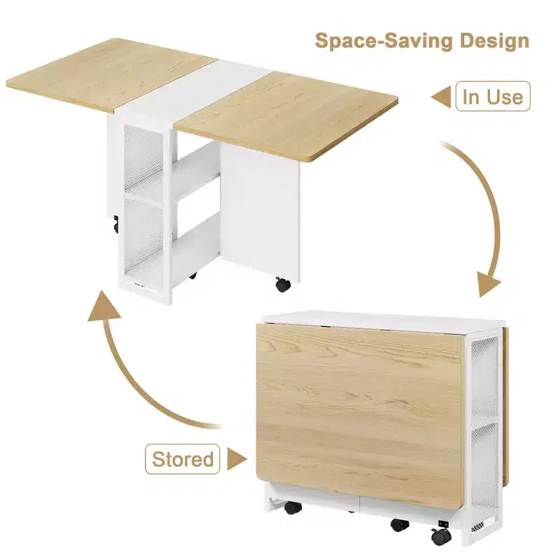 Folding Dining Table for Kitchen, Space Saving Dining Table, Extendable Kitchen Drop Leaf Table with 6 Wheels for Small Space