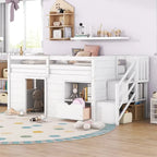 TWIN BED, SOLID WOOD TWIN SIZE LOW LOFT BED WITH STAIR, DRAWER, AND SHELF OF GREY COLOR