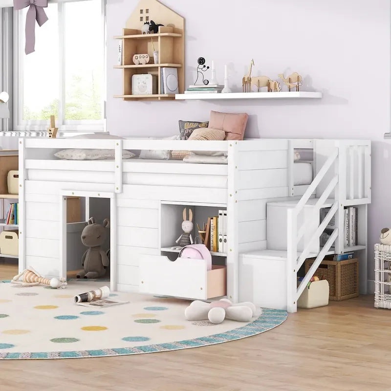 TWIN BED, SOLID WOOD TWIN SIZE LOW LOFT BED WITH STAIR, DRAWER, AND SHELF OF GREY COLOR