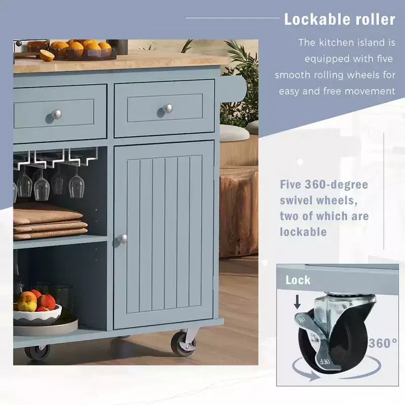 Movable Kitchen Island with Power Outlet, Drop Leaf and Rubber Wood Top