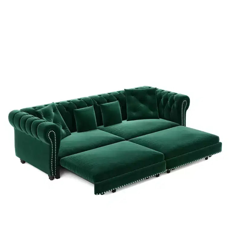 Whisen Velvet 3-in-1 King Size Pull-Out Sofa Bed & Convertible Sleeper Sofa with Movable Ottoman, Tufted Design