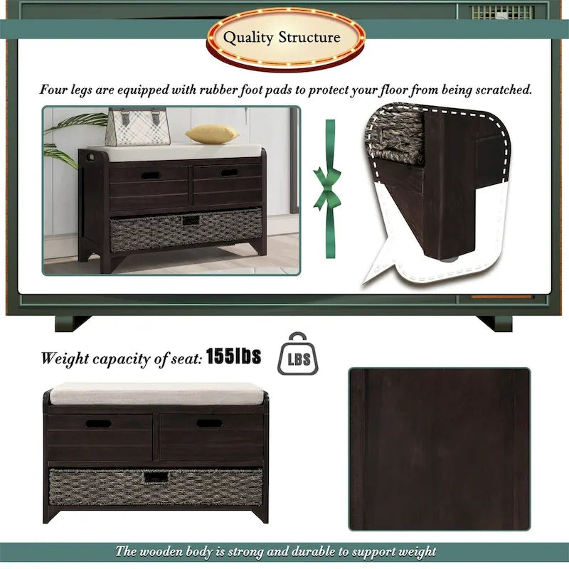 Wood Storage Bench with 2 Woven Baskets