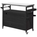 Okak Outdoor Kitchen Island with Stainless Steel Top, Wooden Kitchen Cart with Doors, Shelves and Spice Rack, Rolling Kitchen Island