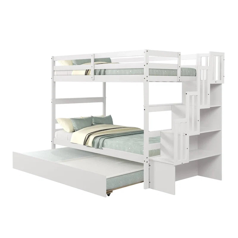 Twin over Twin Bunk Beds With Twin Trundle and Stairway Storage Function in Grey Color