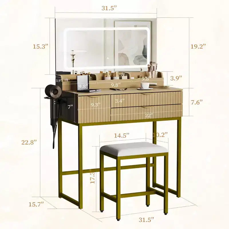 Vanity Desk with Mirror and Lights, LED Lighted Mirror Design, Ample Storage Drawers for Cosmetics and Toiletries Organization