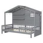 Twin Size House Bed with Storage Shelves and Rails, Wood Kids Montessori Bed Frame with Window and Sparkling Light Strip