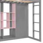 Kids Loft Bed with Wardrobe and Shelves, Wooden Loft Bed Frame with Storage Cabinet for Kids Teens