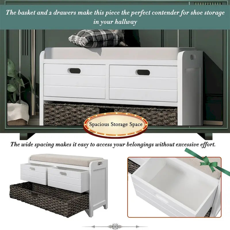 Wood Storage Bench with 2 Woven Baskets