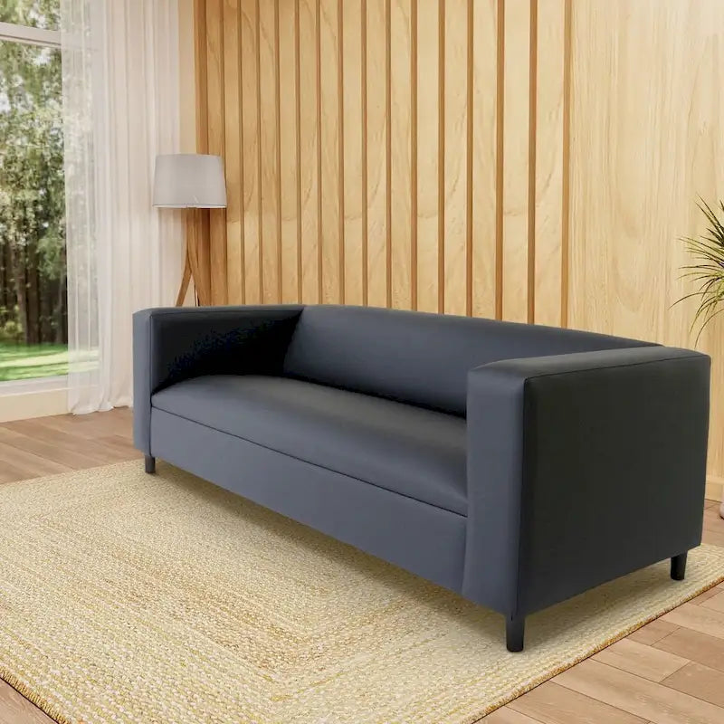 Mid Century Modern 3 Seater Sofa Faux Leather Solid Wood Frame Upholstered