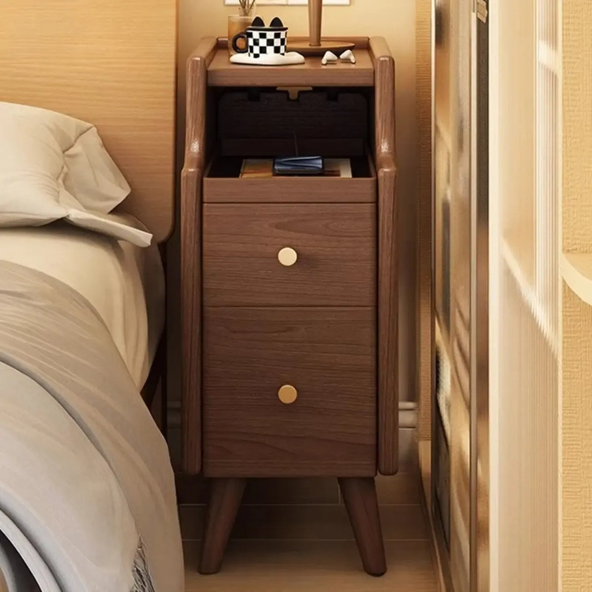 White Wood Narrow Nightstands with Drawers