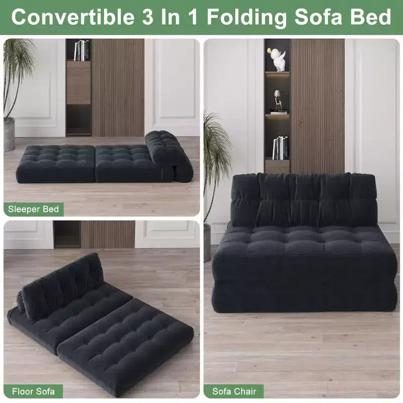 Full Corduroy Folding Sofa Bed Futon, Floor Convertible Sleeper Chair with Pillow & Back Support