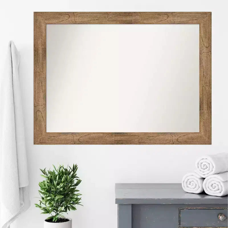 44" x 33" Specchio da Parete da Bagno Gufo Non Smussato Marrone: Rettangolare Moderno, Montaggio a Parete, Cornice in Legno