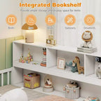 Twin/Full Size Montessori Floor Bed with Bookcase Storage Shelves & Safety Fence Rails White/Gray