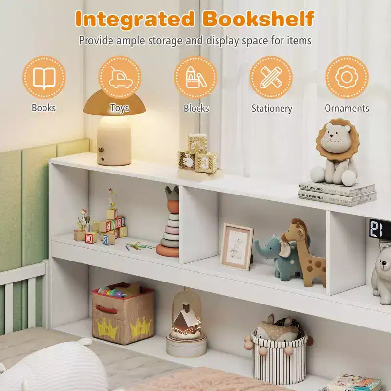 Twin/Full Size Montessori Floor Bed with Bookcase Storage Shelves & Safety Fence Rails White/Gray