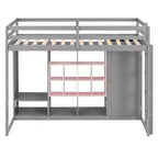 Kids Loft Bed with Wardrobe and Shelves, Wooden Loft Bed Frame with Storage Cabinet for Kids Teens