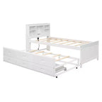 Letto a piattaforma con letto estraibile e cassetti, Letto a piattaforma contenitore con USB, Letto a piattaforma in legno con libreria