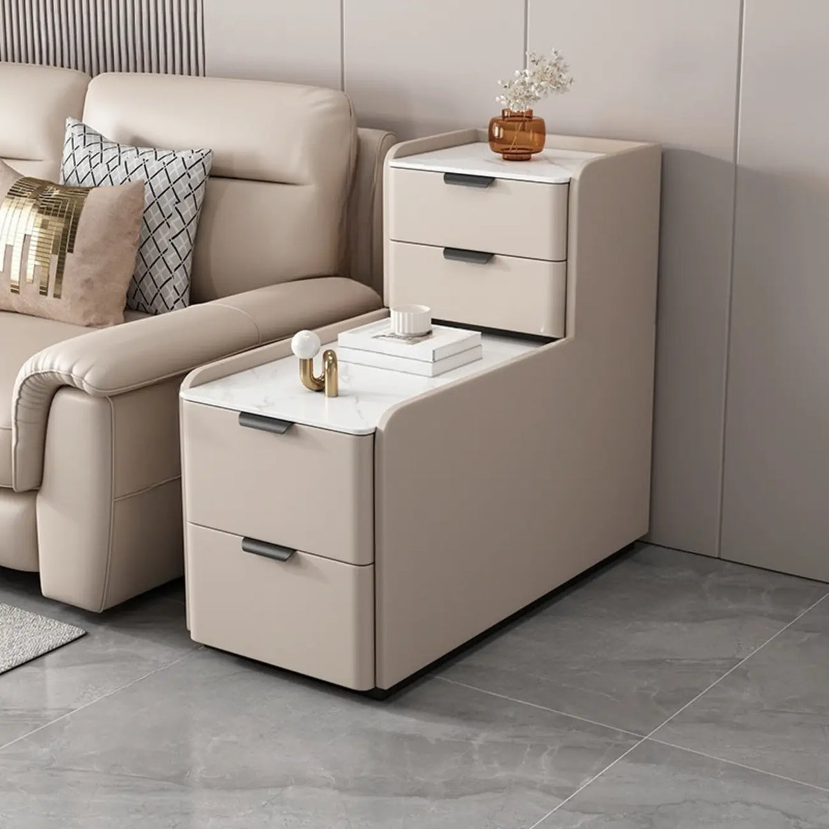 Tall 4-Drawer Stone Top Wooden L-Shaped Sofa End Table