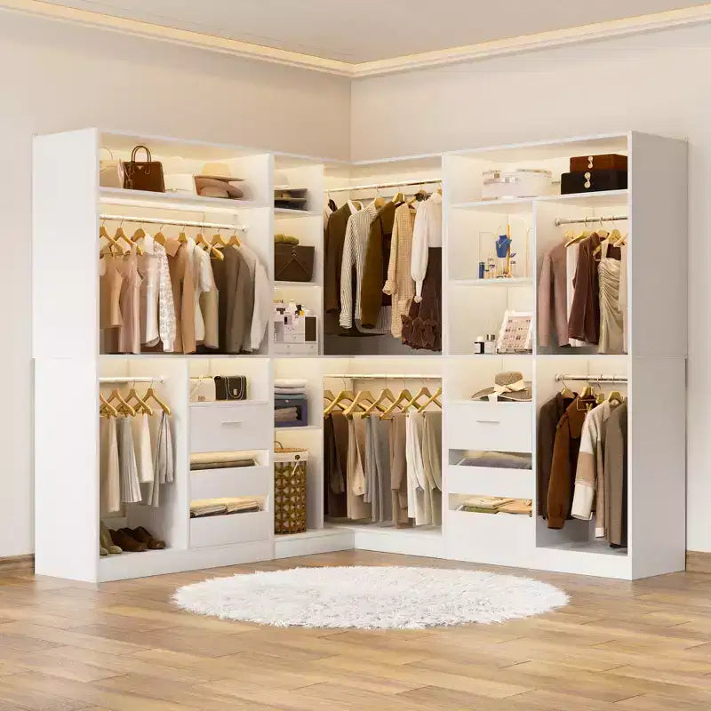 Besiost Set of 3 Corner Closet System with Tower Shelves and Drawers, Freestanding Closet Organizer with Hanging Rods
