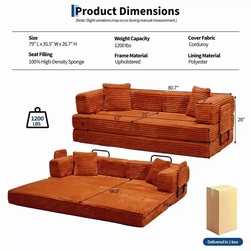 80.7 5-in-1 Convertible Sleeper Sofa Bed – Corduroy, 1200 lbs, No Assembly