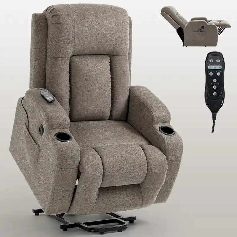 Power Lift Recliner Chair, Modern Single Motor Massage Sofa Chair with Lumbar Heating, USB Charging Port, Cup Holders