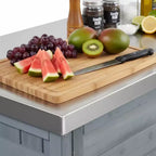 Isola cucina da esterno FAMYYT da 198,9 cm con piano di lavoro in acciaio inossidabile, stazione barbecue pieghevole e mobili contenitori, blu grigio