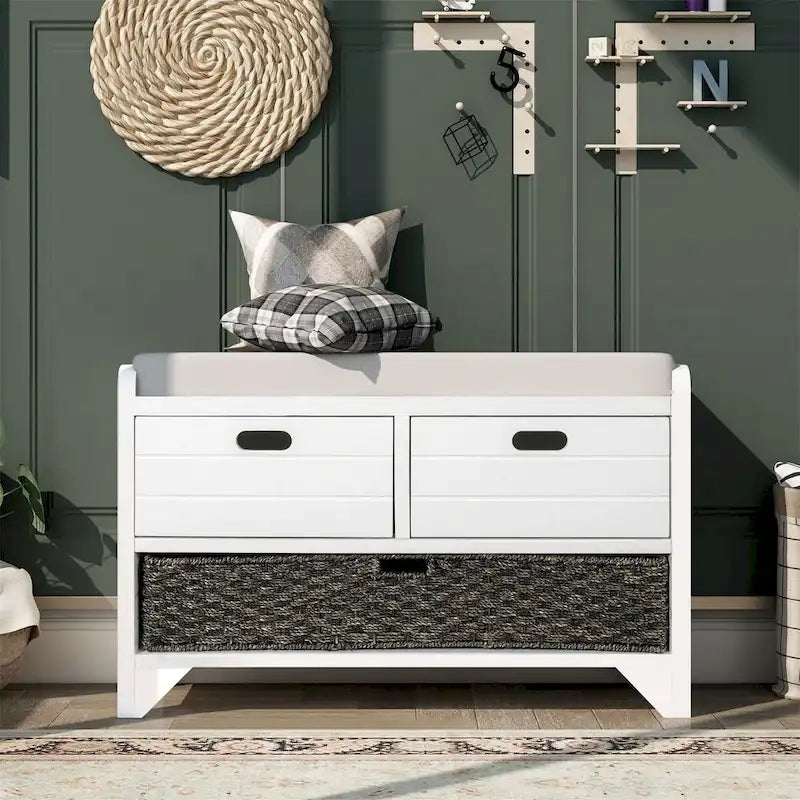 Wood Storage Bench with 2 Woven Baskets