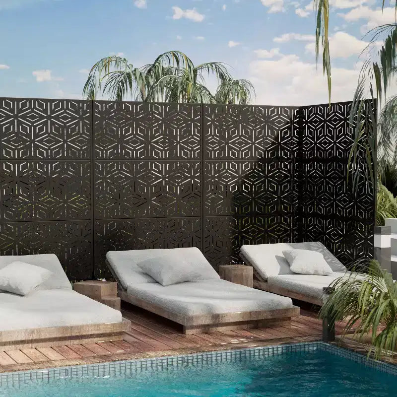 3-Panel Room Divider Screen with Geometric Pattern – Black Galvanized Steel