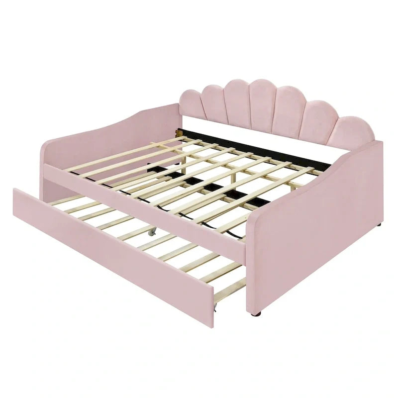 Full Size Upholstered Daybed with Shell Backrest and Trundle