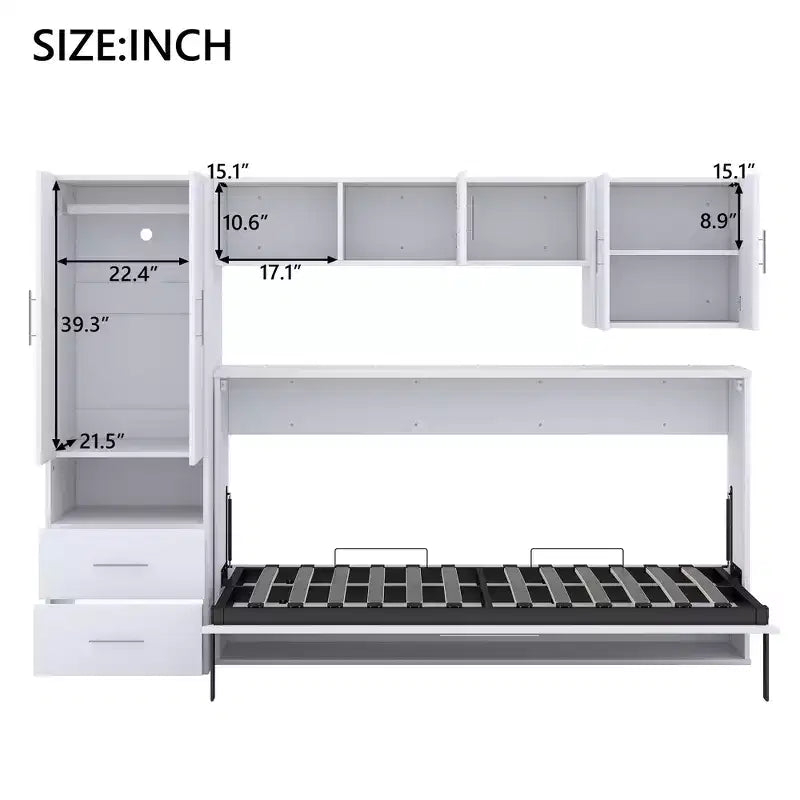 Twin Size Murphy Bed Wall Bed Frame, Wood Cabinet Bed with Built-in Wardrobe, Storage Drawers and Open Shelves, White -ModernLuxe