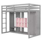 Kids Loft Bed with Wardrobe and Shelves, Wooden Loft Bed Frame with Storage Cabinet for Kids Teens