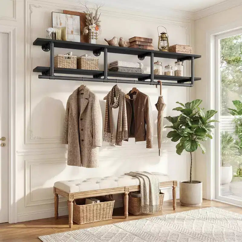 Besiost 2-Tier Clothing Rack with Hanging Rod, Clothing Shelves with Top Shelf