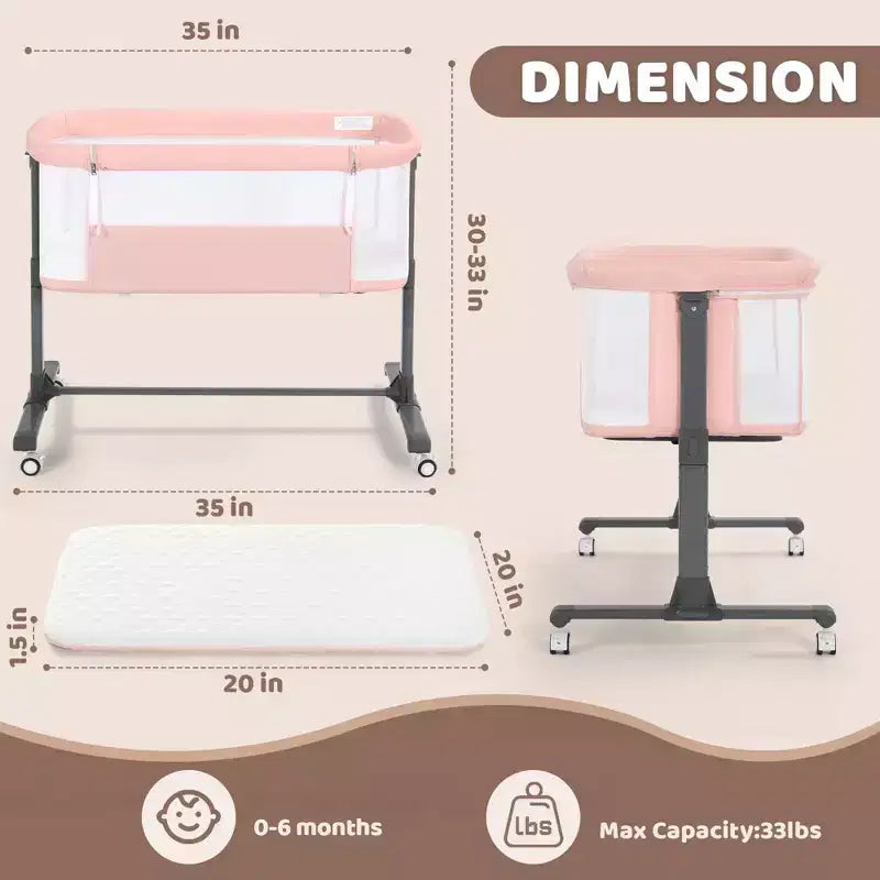 Baby Bassinet with Wheels – Beige / Gray / Pink, Bedside Sleeper, for 1 Baby
