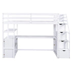 Twin Size Loft Bed with Desk and Shelves, Two Built-in Drawers, Storage Staircase