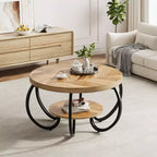 30 Inch Round Industrial Coffee Table 2-Tier with Adjustable Feet Wood Grain Shelf Flame Design Easy Assembly Living Room