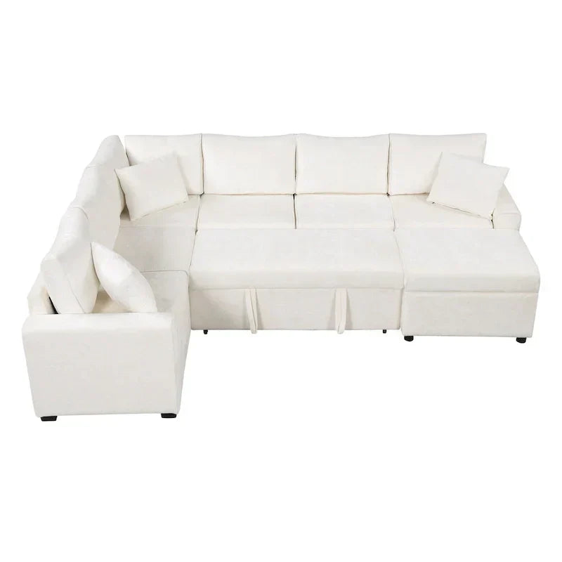 Chenille Sectional Sofa Pull-out Sofa Bed, L-Shape Sleeper Sofa with Storage Ottoman, 3 Pillows and Charging Devices