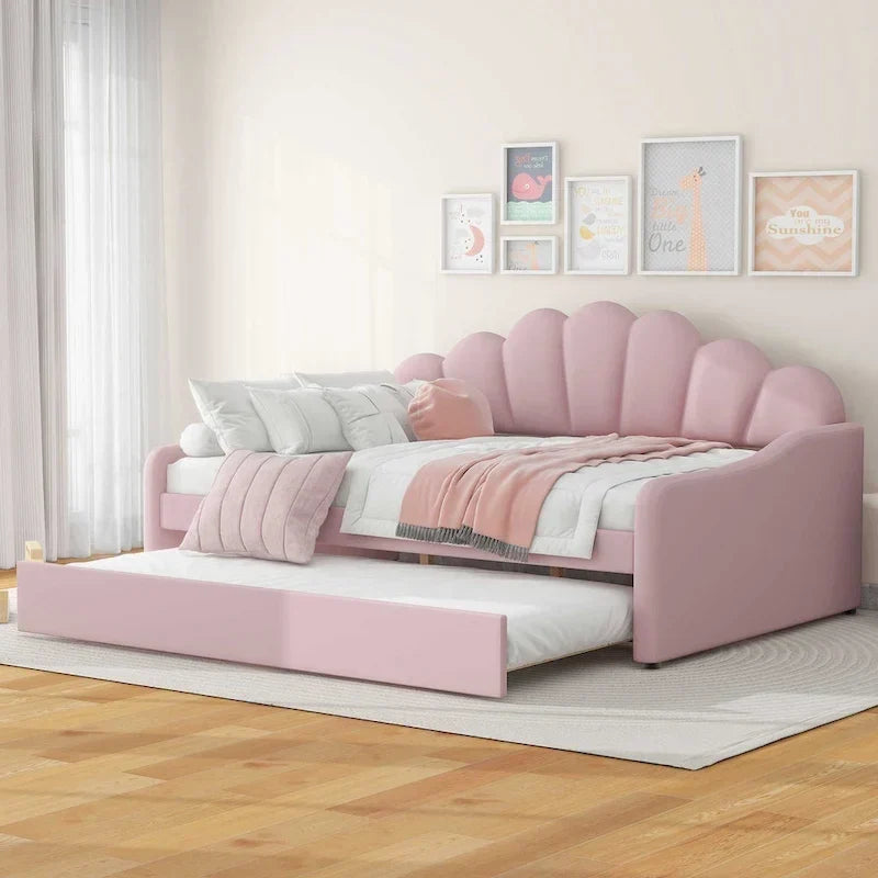 Full Size Upholstered Daybed with Shell Backrest and Trundle