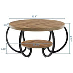 30 Inch Round Industrial Coffee Table 2-Tier with Adjustable Feet Wood Grain Shelf Flame Design Easy Assembly Living Room