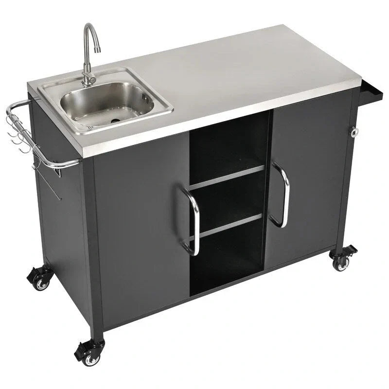 Outdoor Kitchen Island with Sink, Outdoor Bar Cart Sink Station with 4 Lockable Wheels