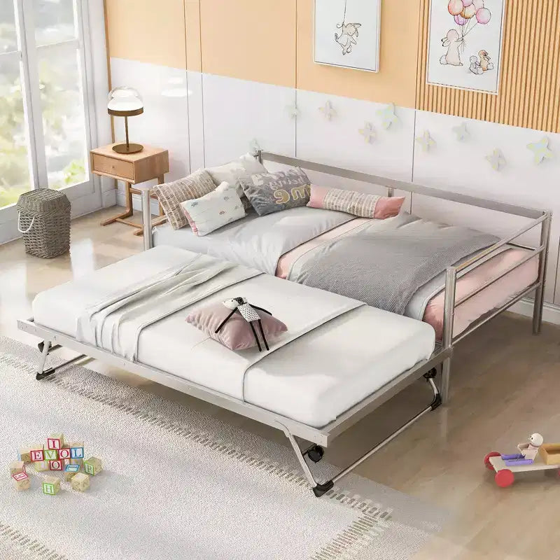 Bellemave Silver Twin Daybed Metal Day Bed Frame with Pop Up Trundle, Metal Sofa Bed with Adjustable Folding Trundle for Bedroom, Living RoomWhite